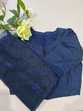 Navy blue printed organza saree with stitched silk blouse piece